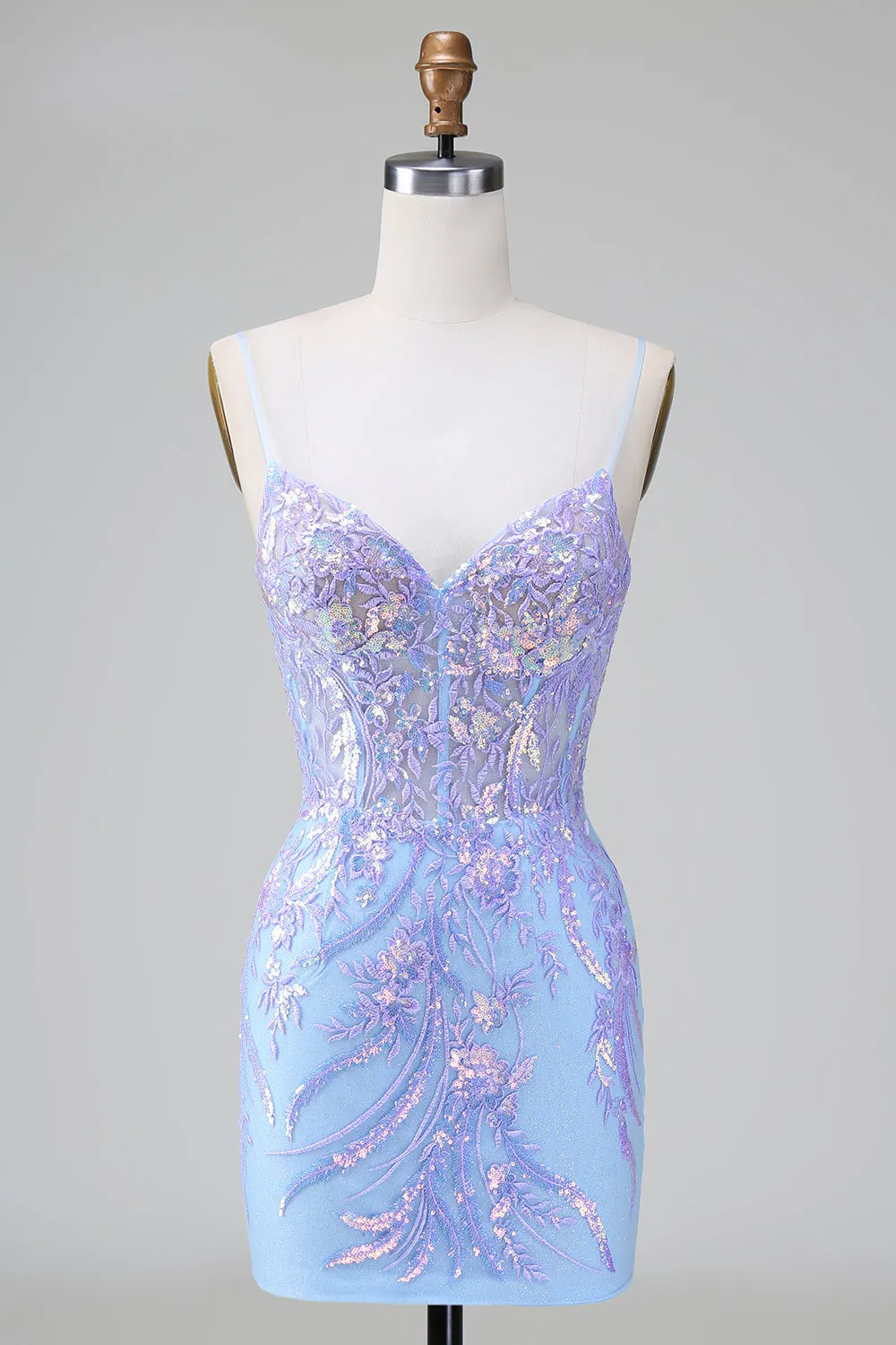 Sparkly Blue Bodycon Spaghetti Straps Corset Short Homecoming Dress with Sequins