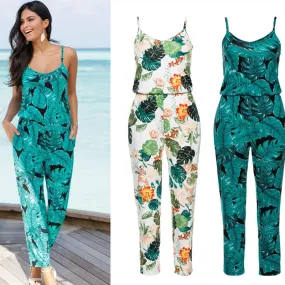 Strap Beach Boho Leaves Floral Print Romper