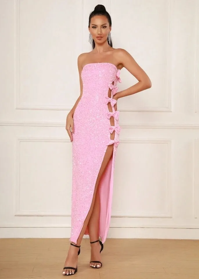 Strapless Bow Knot Hollow Out Slit Sequin Maxi Dress