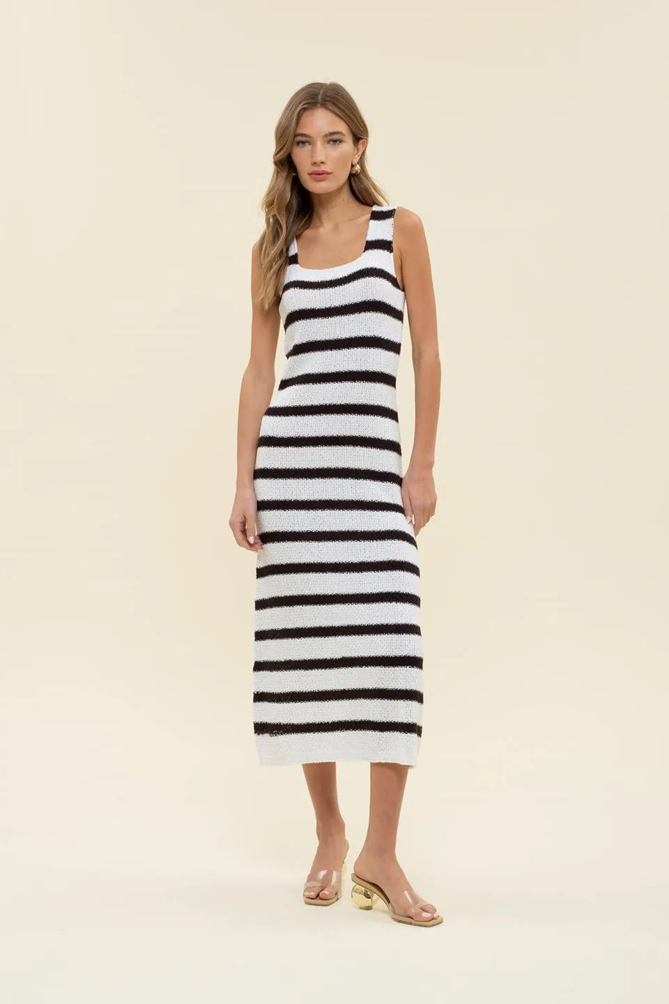 STRIPE SLEEVELESS SWEATER KNIT MIDI DRESS