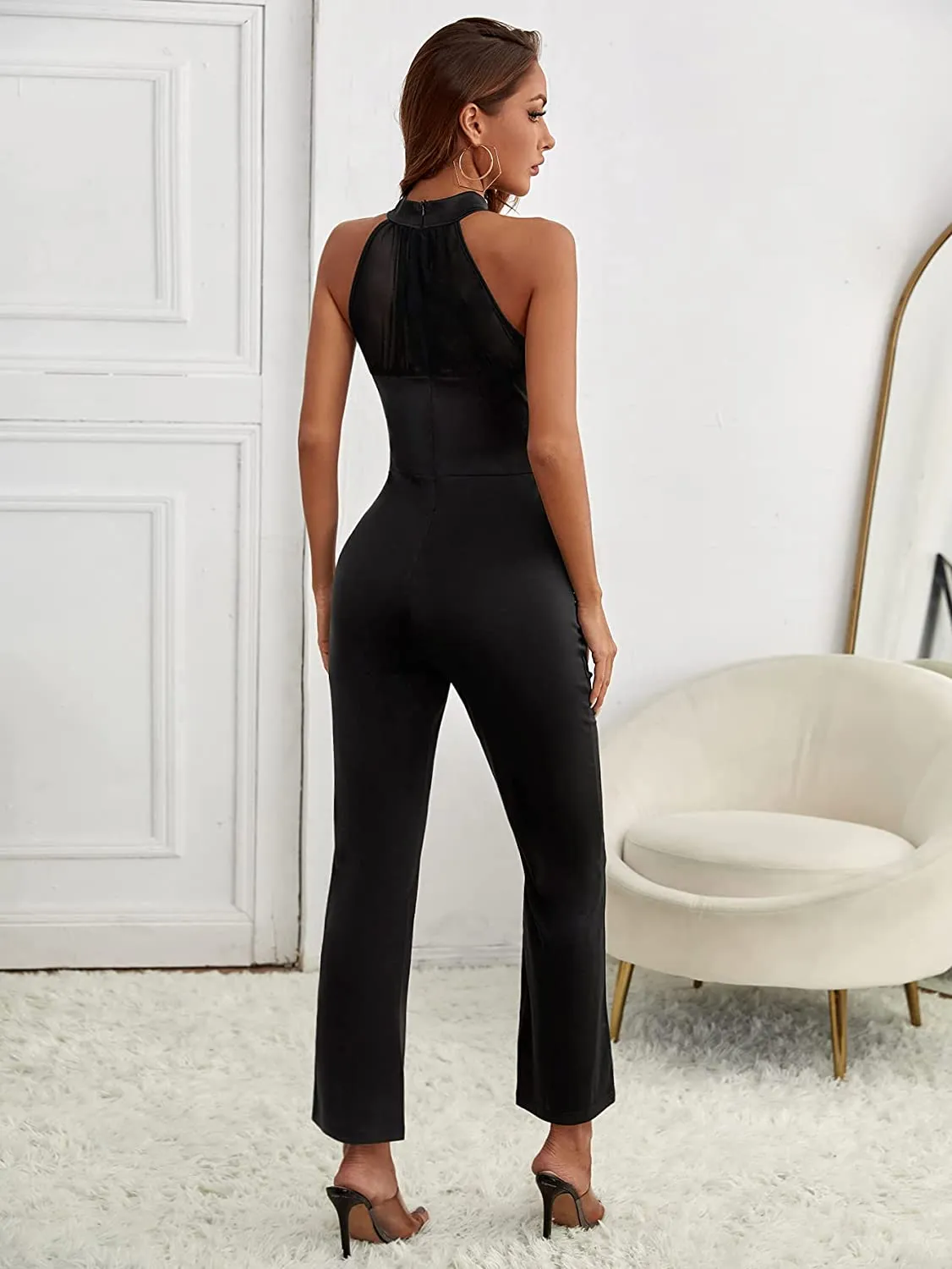 Stunning Halter Sleeveless Black Wide Leg Jumpsuit