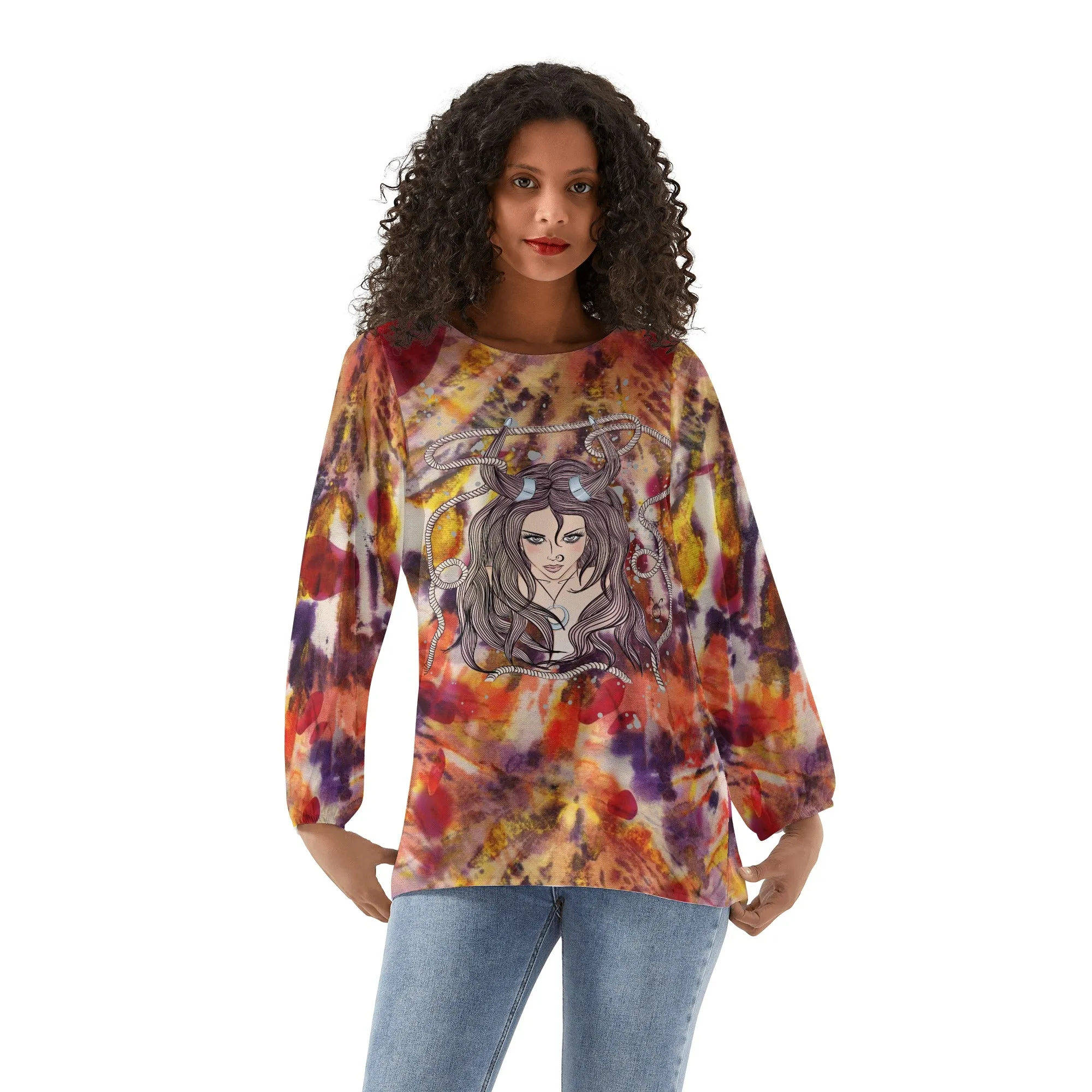 Taurus Woman Zodiac Sign Long Sleeve Chiffon Blouse Inspired by Astrology and Horoscope