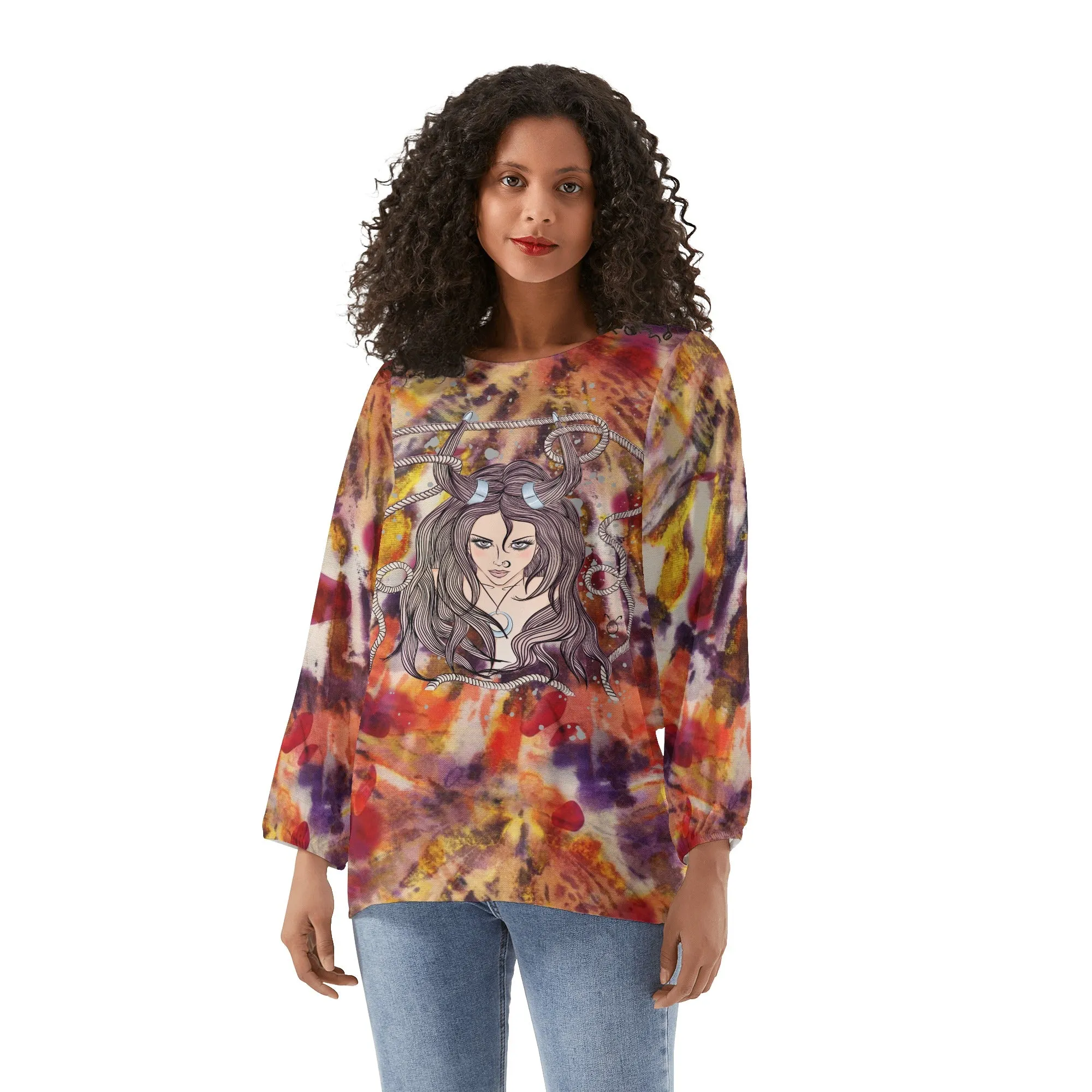 Taurus Woman Zodiac Sign Long Sleeve Chiffon Blouse Inspired by Astrology and Horoscope