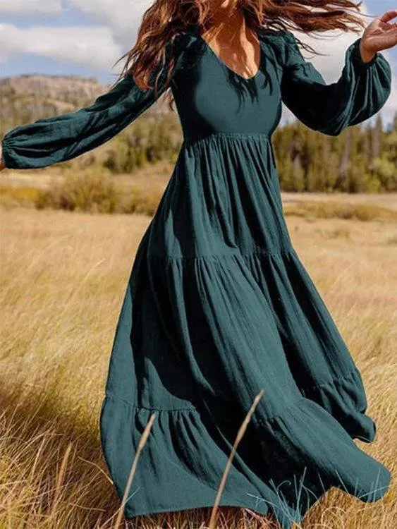 Temperament V-Neck Long Sleeve Flowy Dress