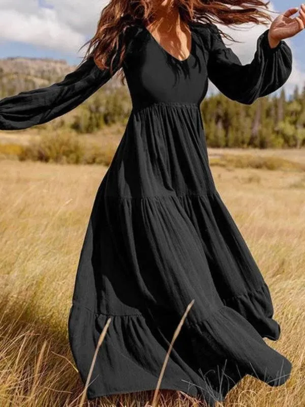 Temperament V-Neck Long Sleeve Flowy Dress