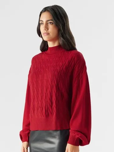 The Souled Store Solids: Poppy Red Women and Girls Long Sleeves Round Neck Acrylic Oversized Sweaters