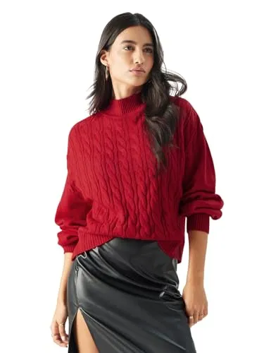 The Souled Store Solids: Poppy Red Women and Girls Long Sleeves Round Neck Acrylic Oversized Sweaters