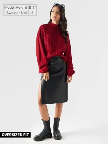 The Souled Store Solids: Poppy Red Women and Girls Long Sleeves Round Neck Acrylic Oversized Sweaters