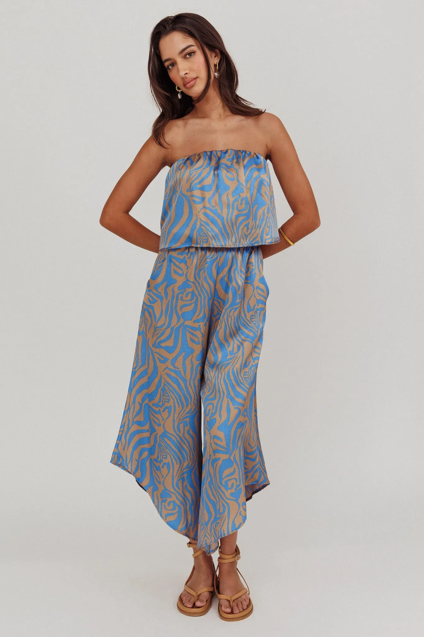 Tongue Tied Printed Strapless Jumpsuit Blue