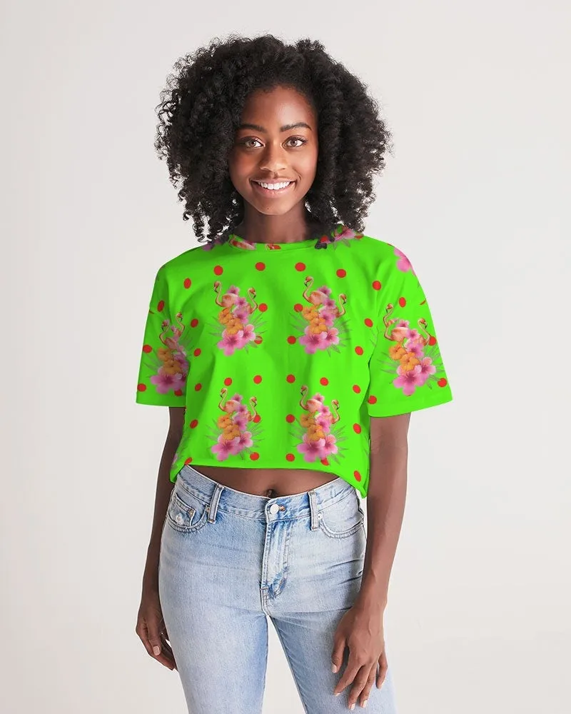 Tropical Lime Green Flamingos Cropped Top