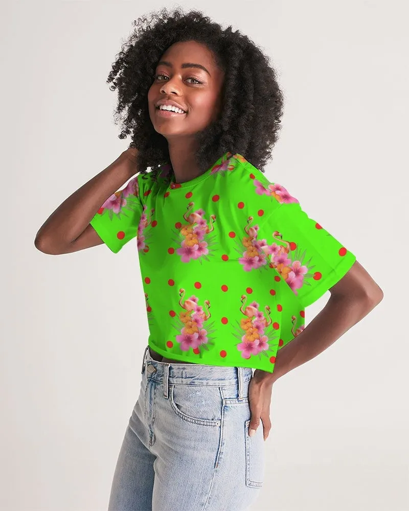 Tropical Lime Green Flamingos Cropped Top