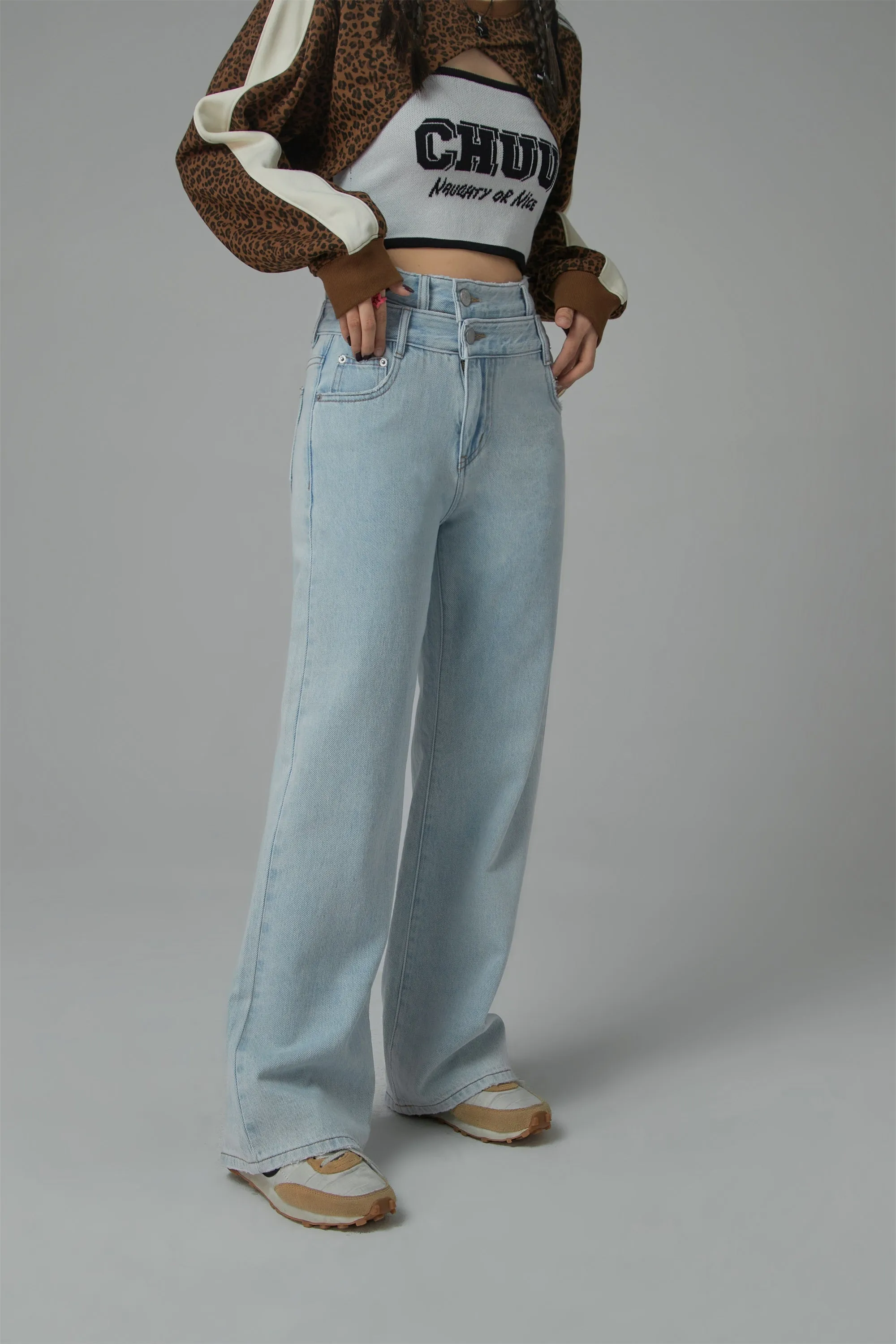 Two-Layer Illusion Wide Denim Jeans