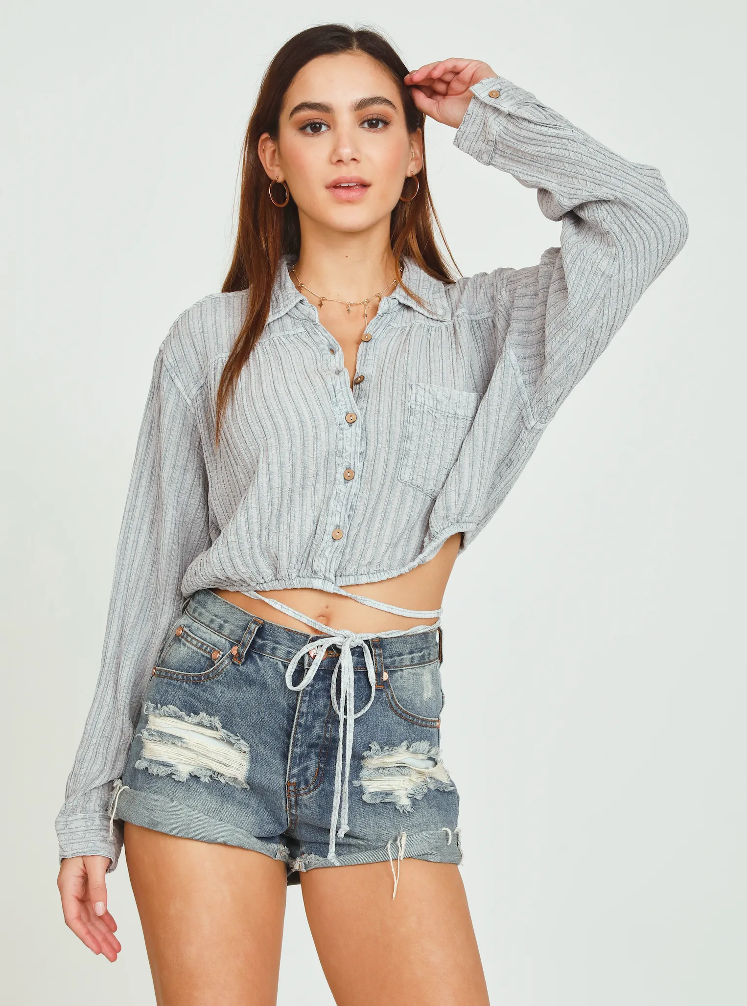 Vintage Havana Textured Stripe Button Down Top