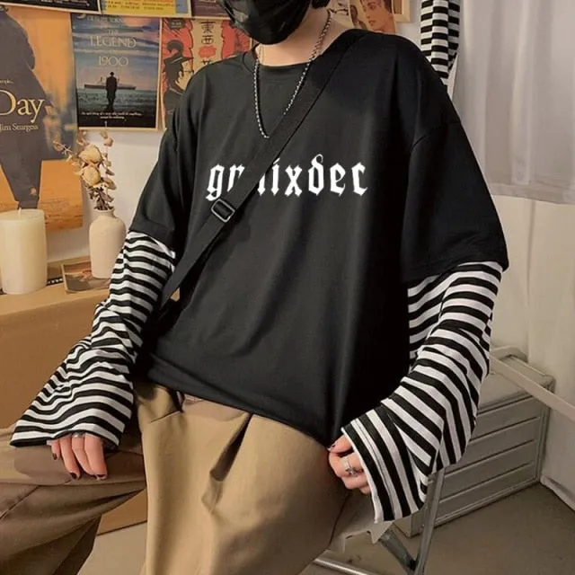 Voguable Long Sleeve Fake Two-piece T Shirt Striped Big Shirts Men Clothing Men Fashion New Oversized Tees Clothes Tshirt