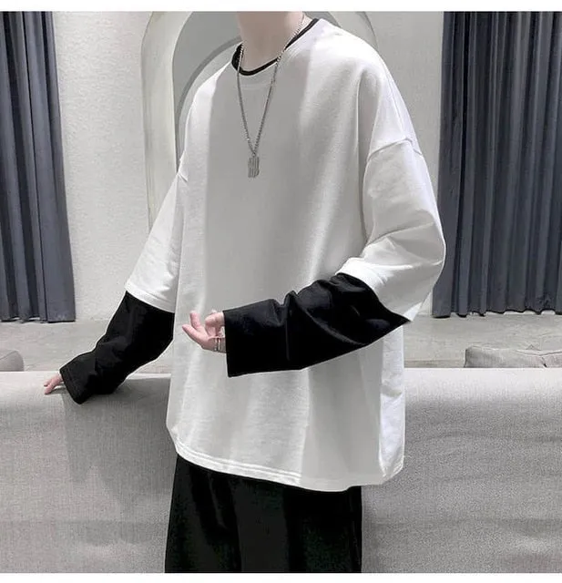 Voguable Long Sleeve Fake Two-piece T Shirt Striped Big Shirts Men Clothing Men Fashion New Oversized Tees Clothes Tshirt