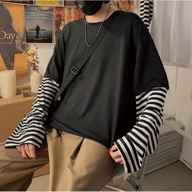 Voguable Long Sleeve Fake Two-piece T Shirt Striped Big Shirts Men Clothing Men Fashion New Oversized Tees Clothes Tshirt