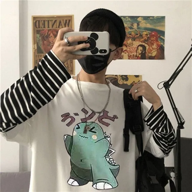 Voguable Long Sleeve Fake Two-piece T Shirt Striped Big Shirts Men Clothing Men Fashion New Oversized Tees Clothes Tshirt