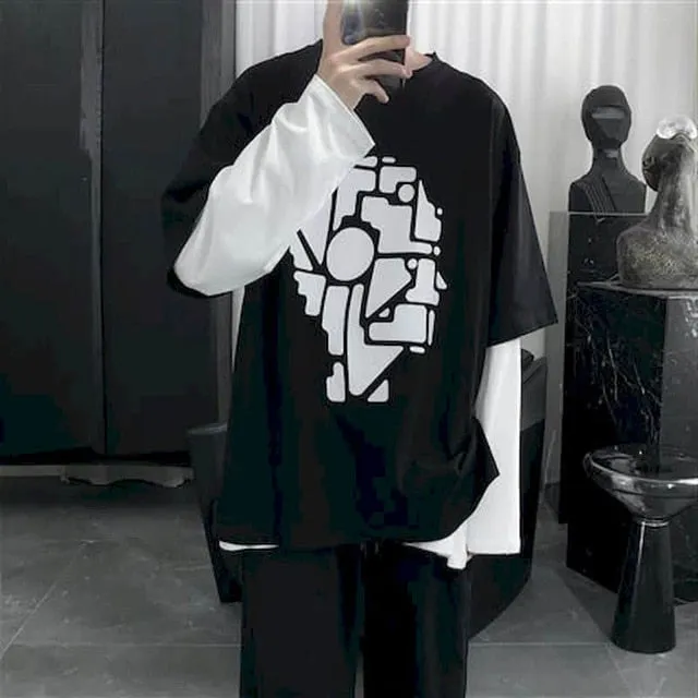 Voguable Long Sleeve Fake Two-piece T Shirt Striped Big Shirts Men Clothing Men Fashion New Oversized Tees Clothes Tshirt