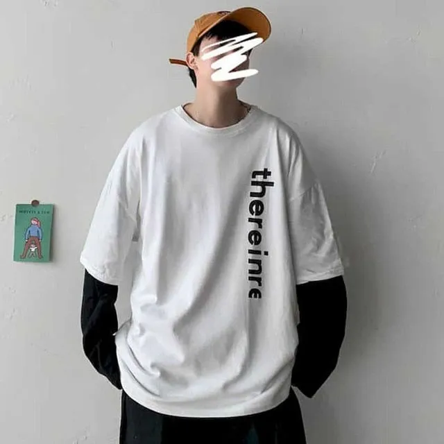 Voguable Long Sleeve Fake Two-piece T Shirt Striped Big Shirts Men Clothing Men Fashion New Oversized Tees Clothes Tshirt