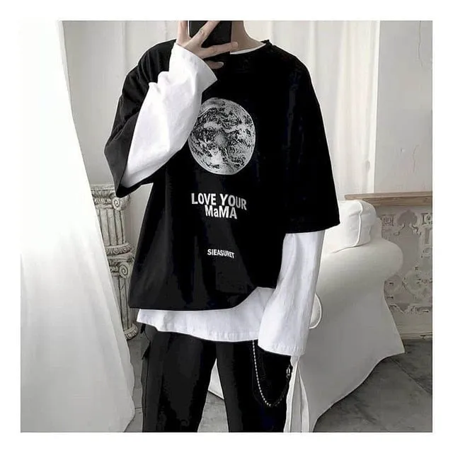 Voguable Long Sleeve Fake Two-piece T Shirt Striped Big Shirts Men Clothing Men Fashion New Oversized Tees Clothes Tshirt