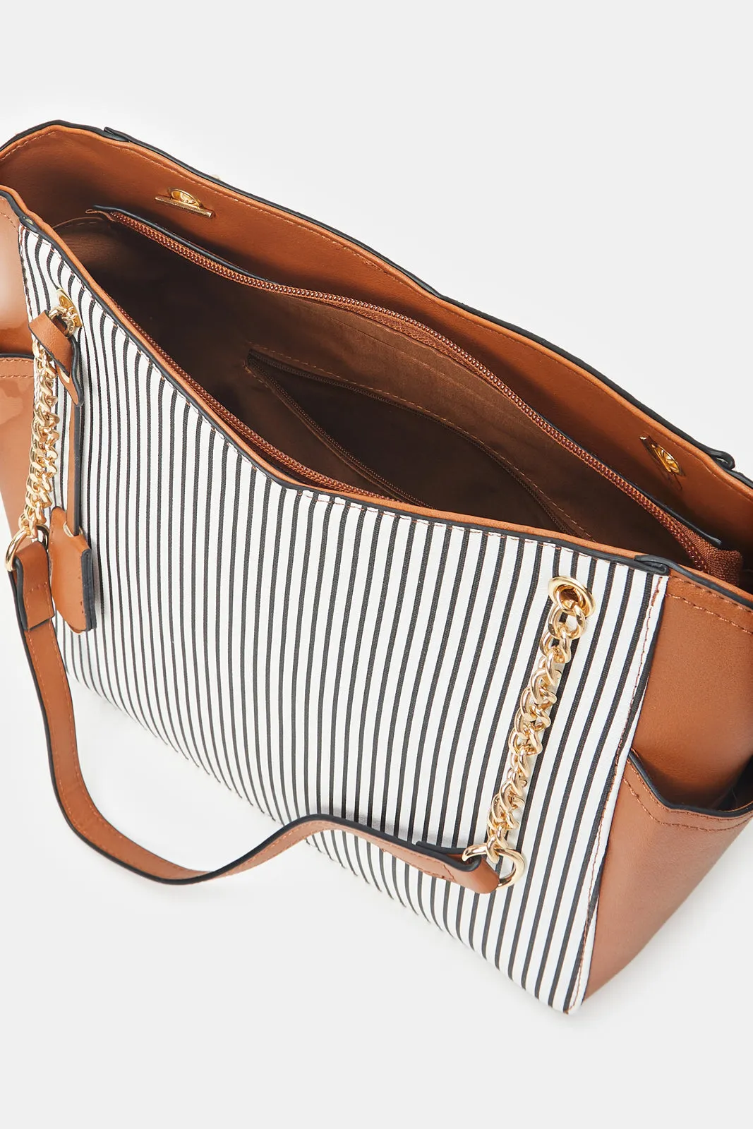 Women Beige Striped Tote Bag