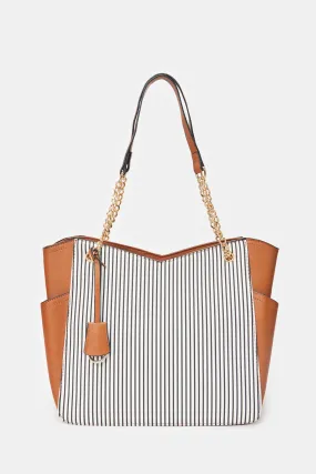 Women Beige Striped Tote Bag