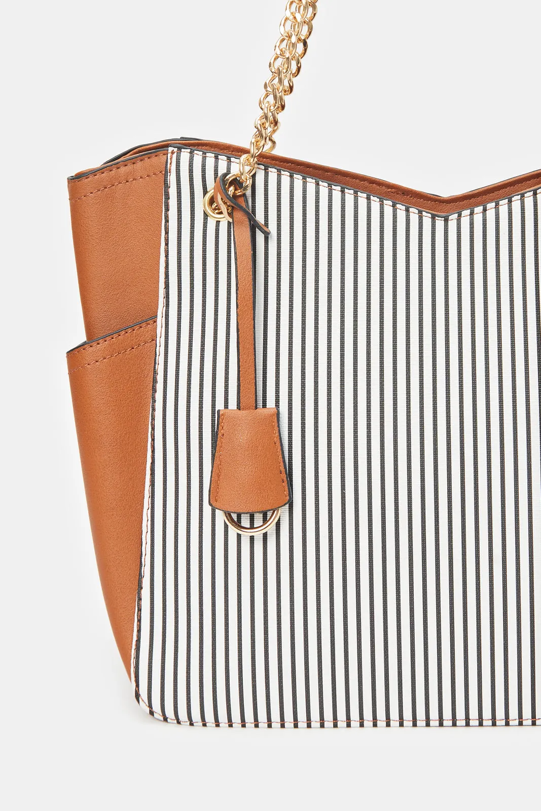 Women Beige Striped Tote Bag