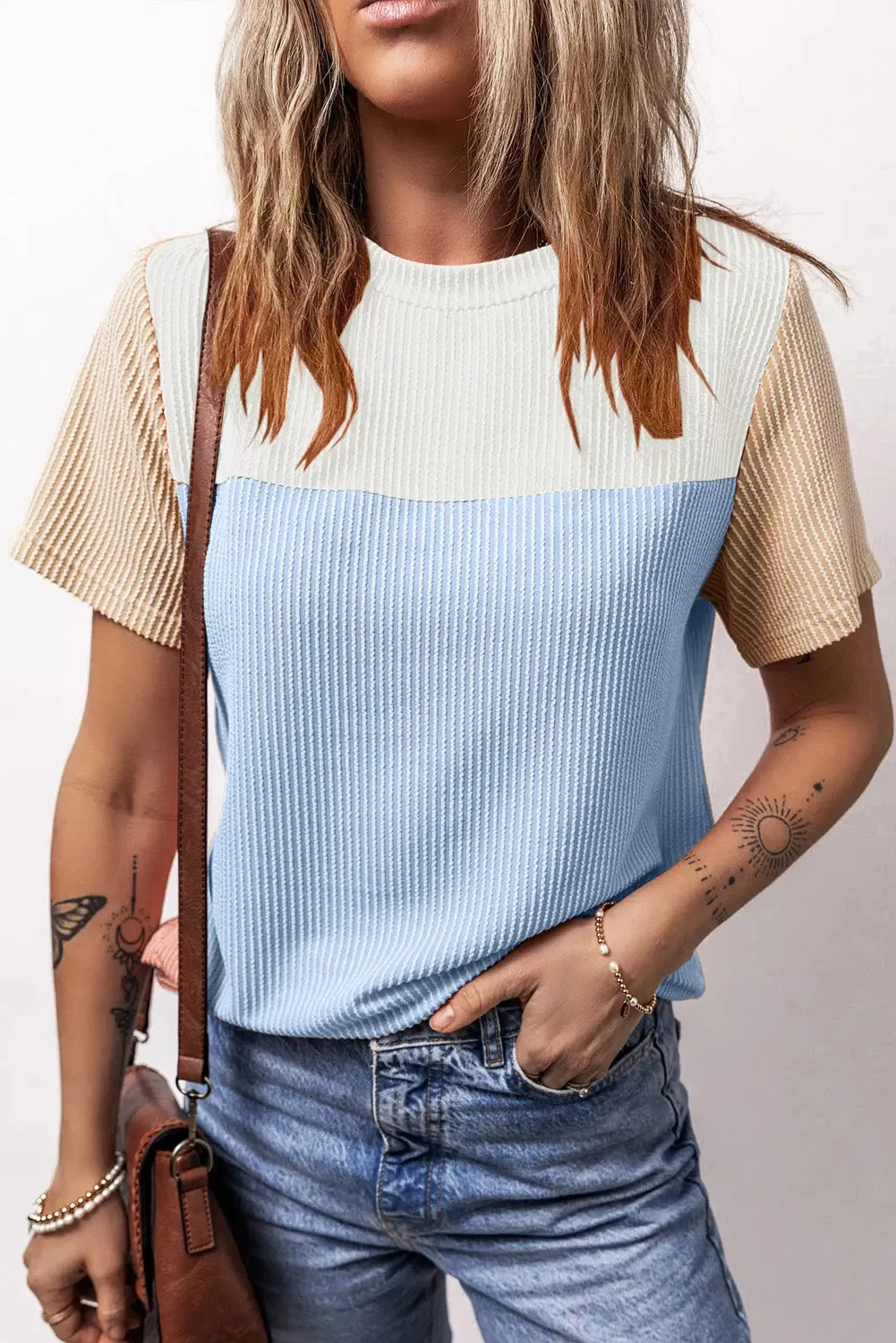 Women Color Block  Fashion Short Sleeve Crewneck Knitted Spring Summer Casual Loose T Shirt Top,Short Sleeve T-Shirt