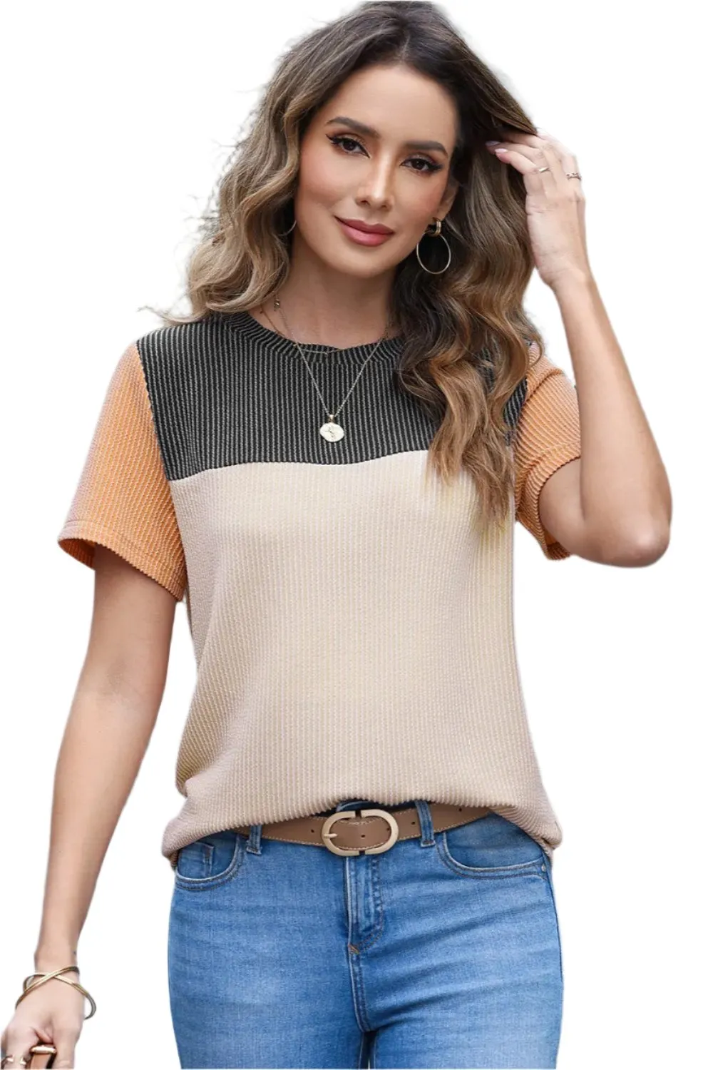 Women Color Block  Fashion Short Sleeve Crewneck Knitted Spring Summer Casual Loose T Shirt Top,Short Sleeve T-Shirt