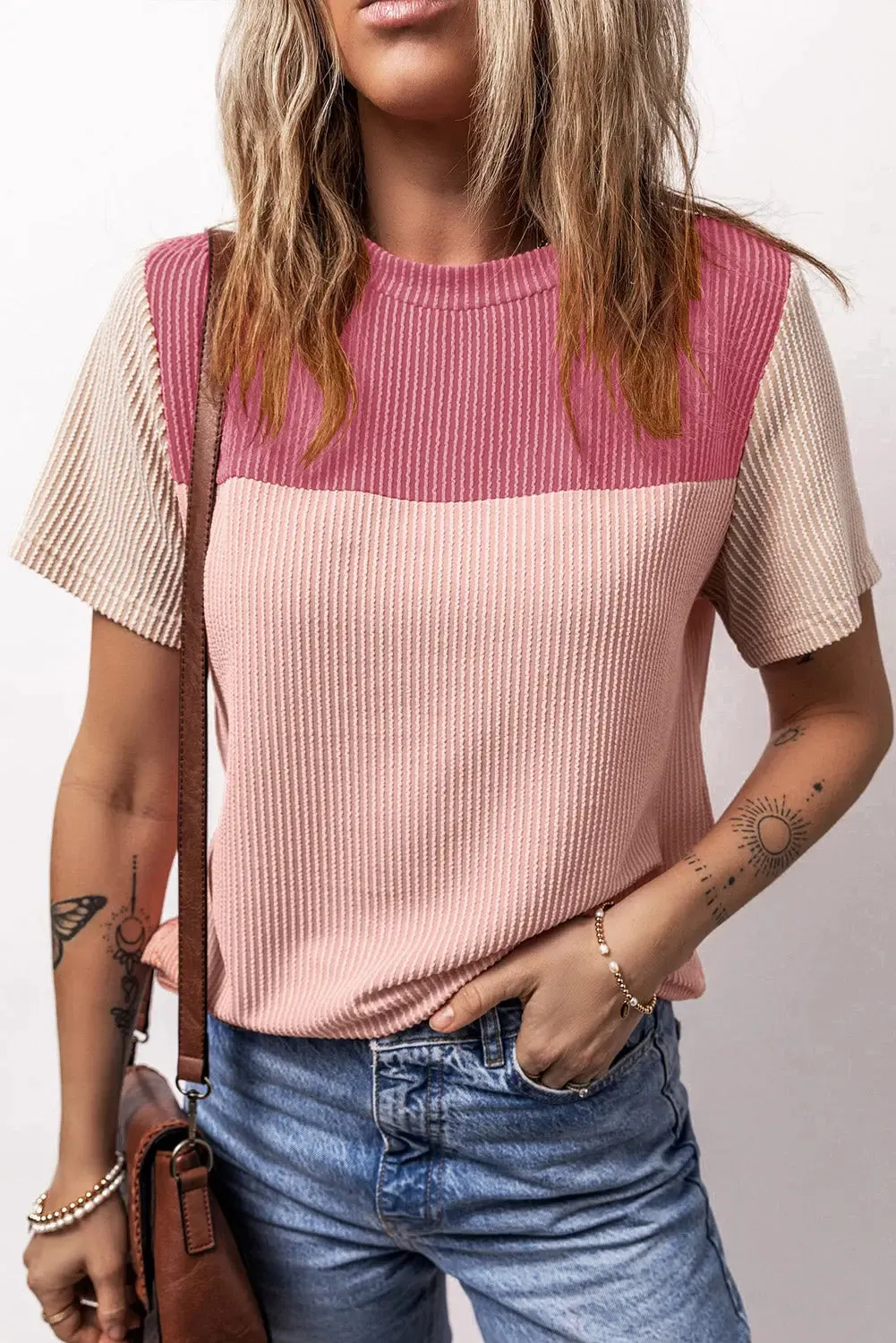 Women Color Block  Fashion Short Sleeve Crewneck Knitted Spring Summer Casual Loose T Shirt Top,Short Sleeve T-Shirt