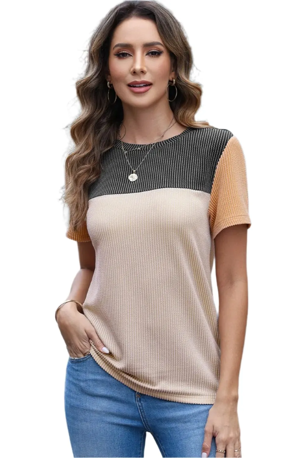 Women Color Block  Fashion Short Sleeve Crewneck Knitted Spring Summer Casual Loose T Shirt Top,Short Sleeve T-Shirt