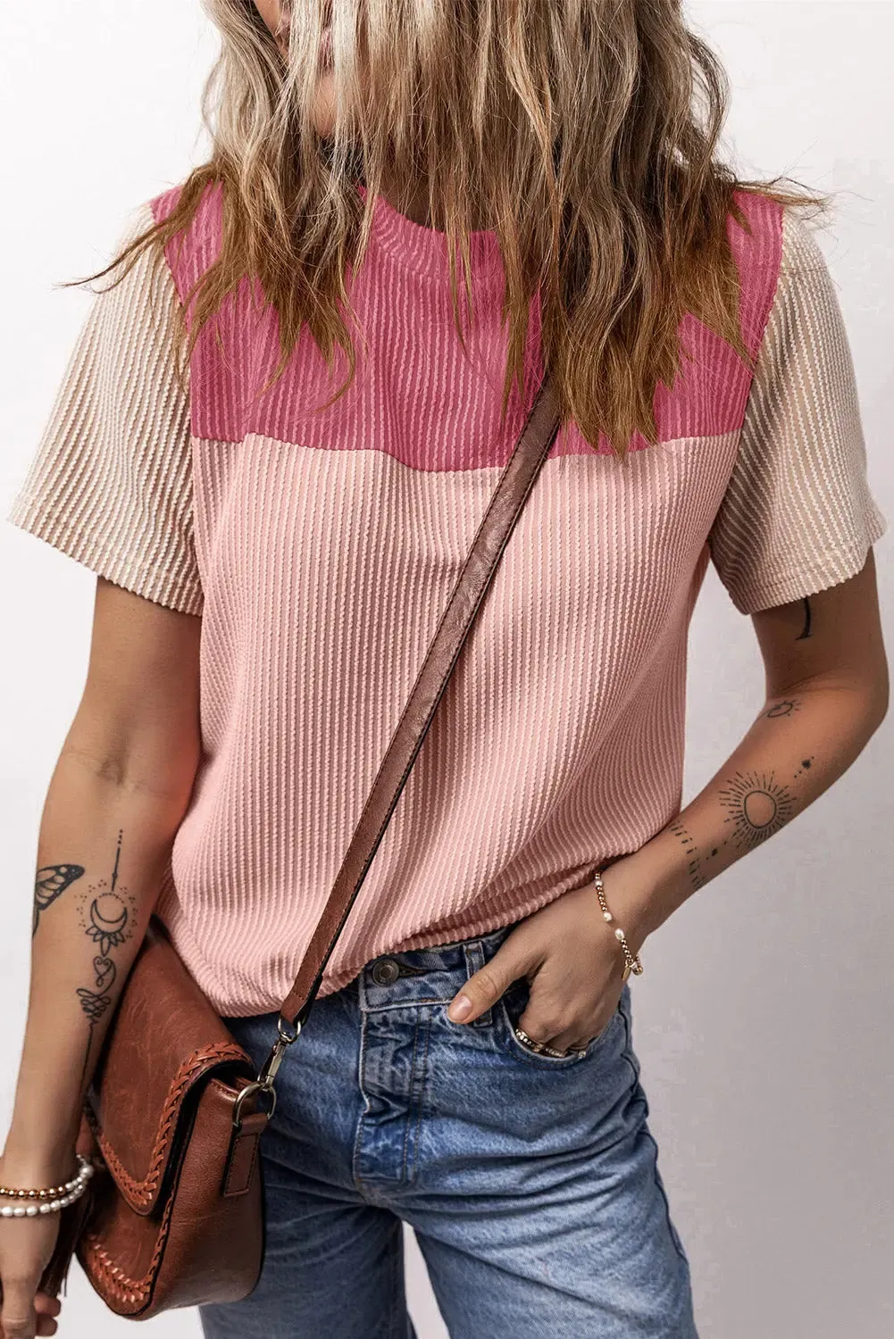 Women Color Block  Fashion Short Sleeve Crewneck Knitted Spring Summer Casual Loose T Shirt Top,Short Sleeve T-Shirt