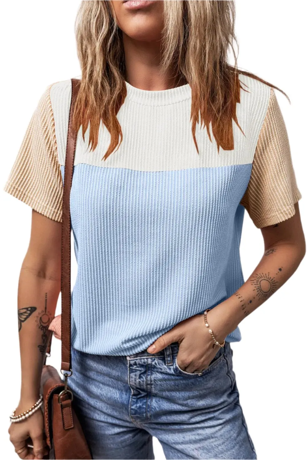 Women Color Block  Fashion Short Sleeve Crewneck Knitted Spring Summer Casual Loose T Shirt Top,Short Sleeve T-Shirt