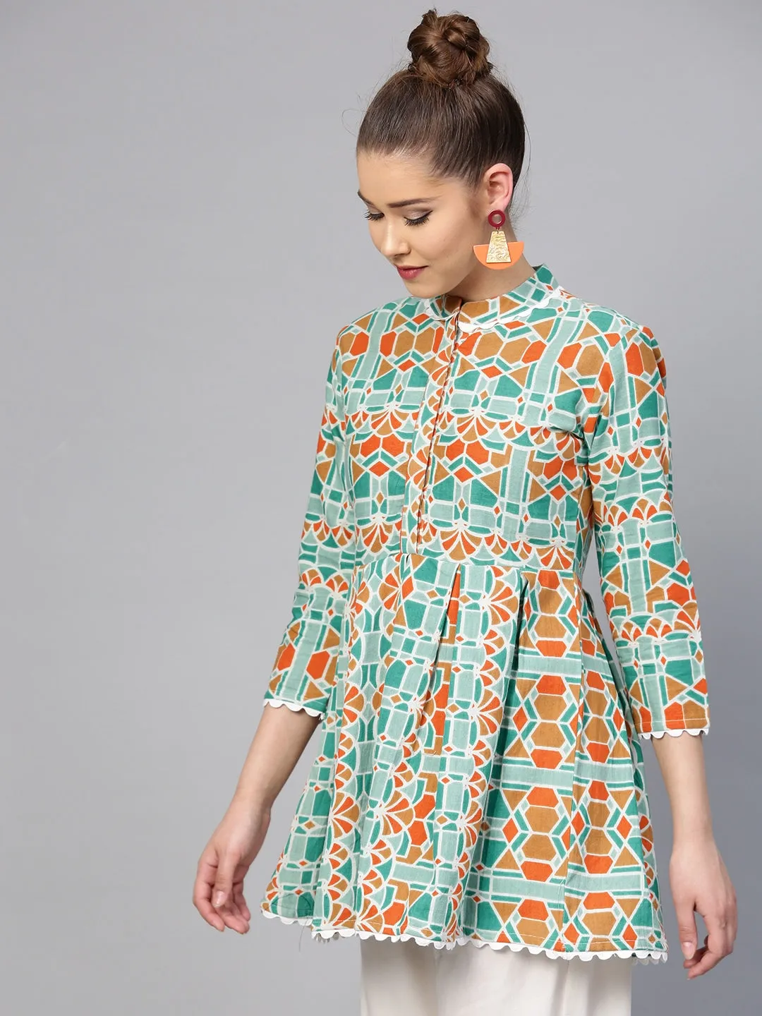 Women Green & Orange Printed Tunic