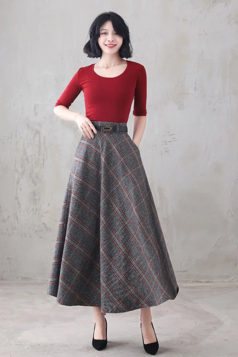 Women Long Plaid Wool Skirt 3292#