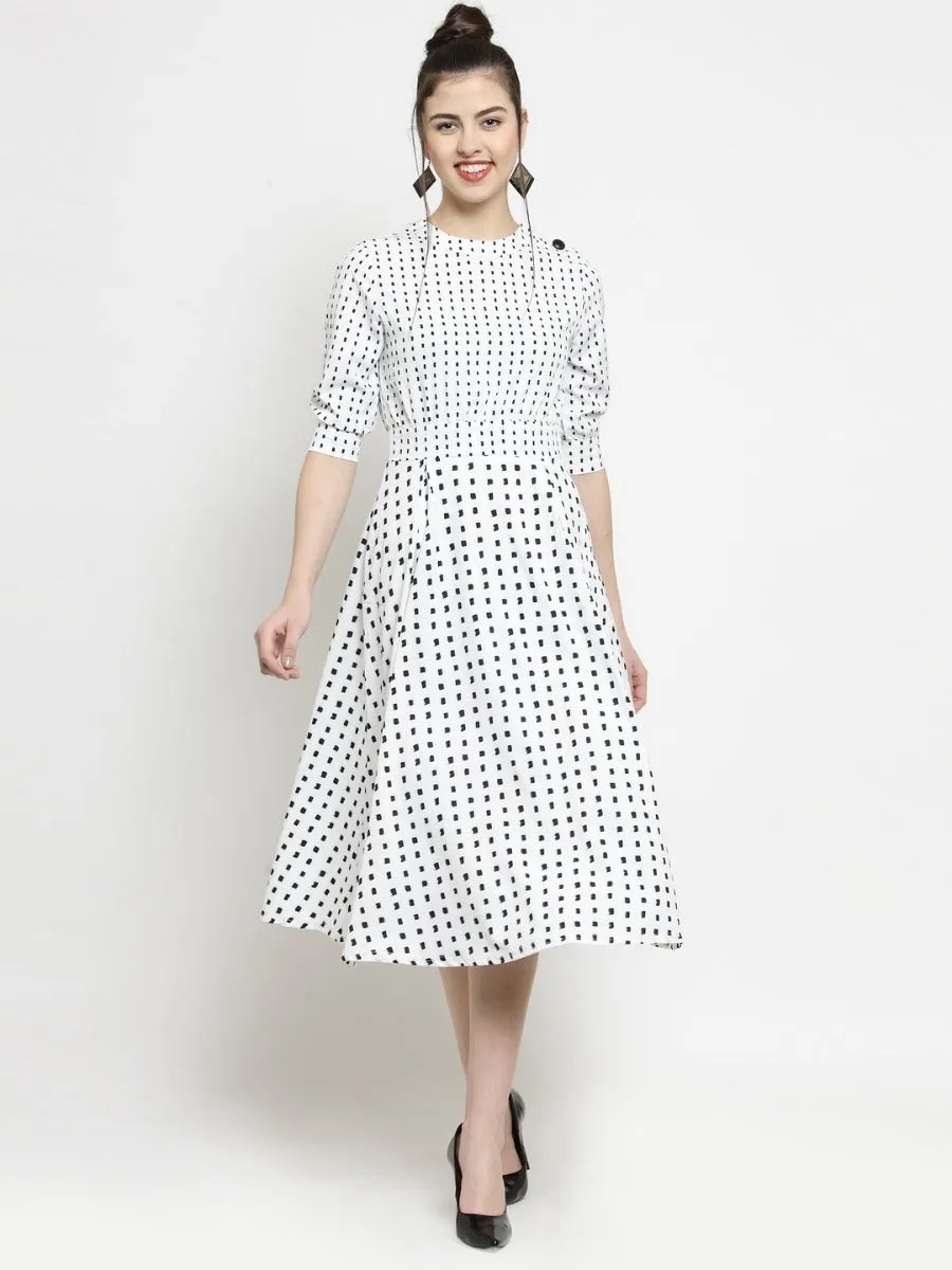 Women Printed White Round Neck Dress