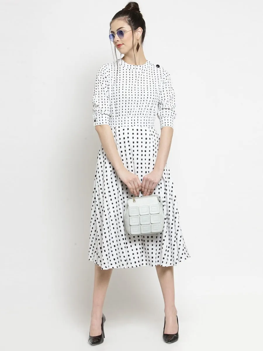 Women Printed White Round Neck Dress