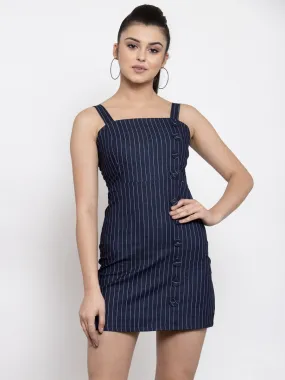 Women Striped Blue Square Neck Dress