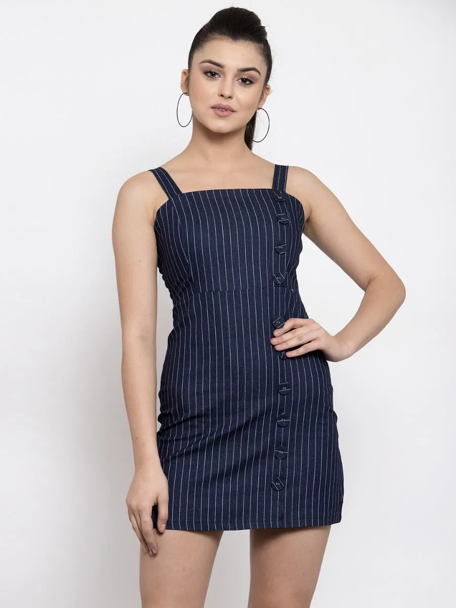 Women Striped Blue Square Neck Dress