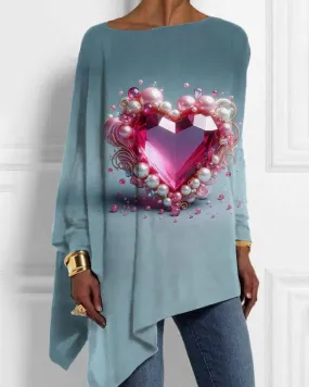 Women's 3D Pearl Heart Print Irregular Top