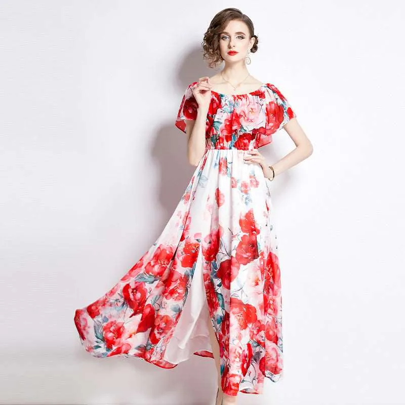 Women's Floral Print Split Chiffon Dress