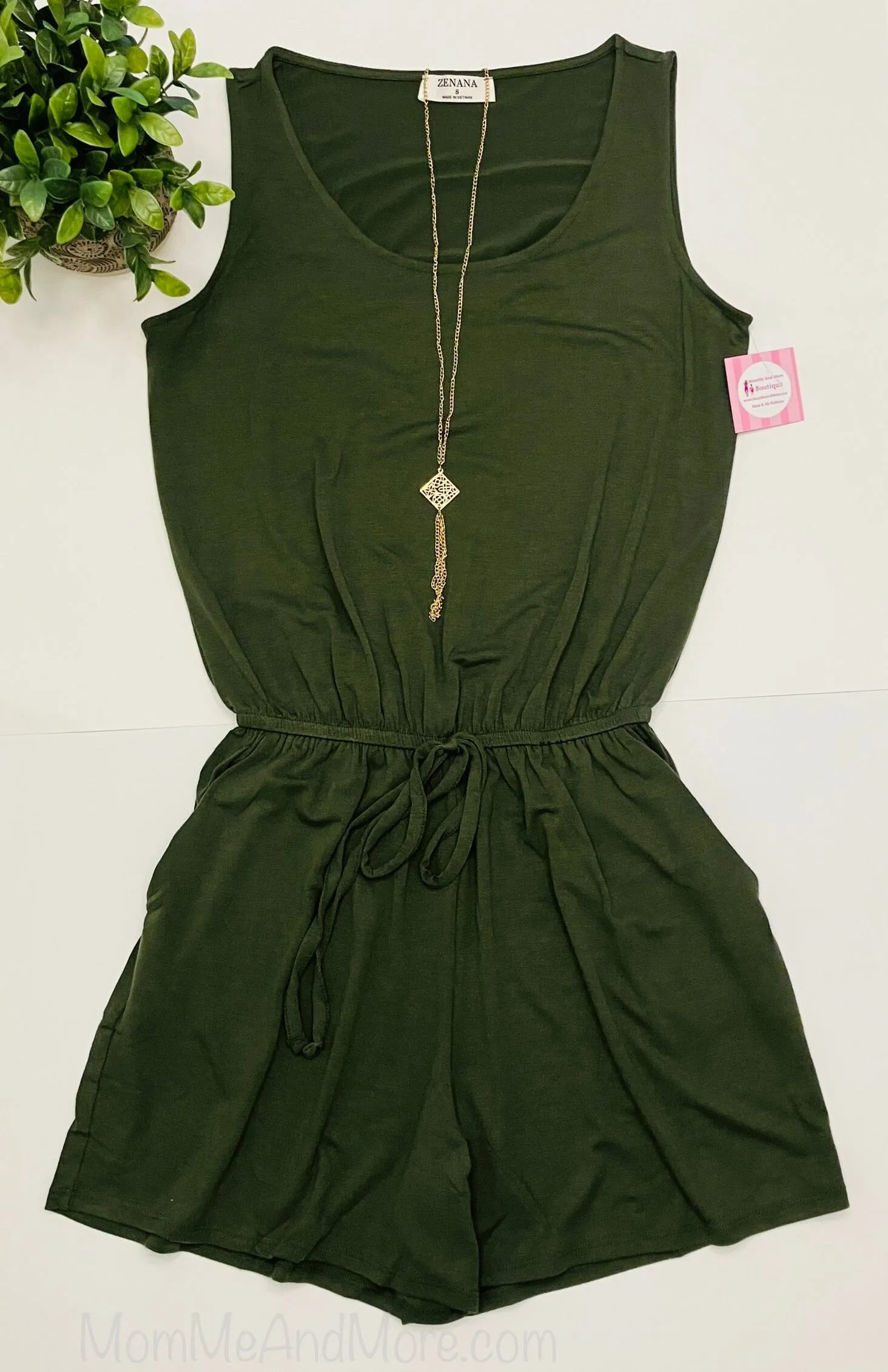 Womens Green Shorts Romper, Summer Tank Top Jumpsuit, Sizes S/M/L/XL, Olive Green