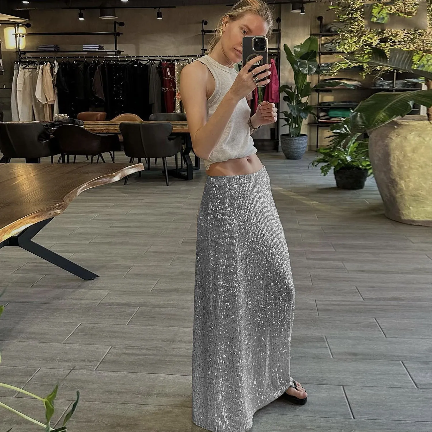 Women's High-Density Sequin Maxi Skirt, High Waist Elastic Design, Perfect for Party and Event Wear