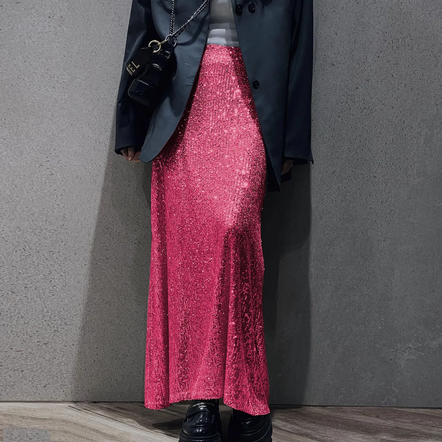 Women's High-Density Sequin Maxi Skirt, High Waist Elastic Design, Perfect for Party and Event Wear