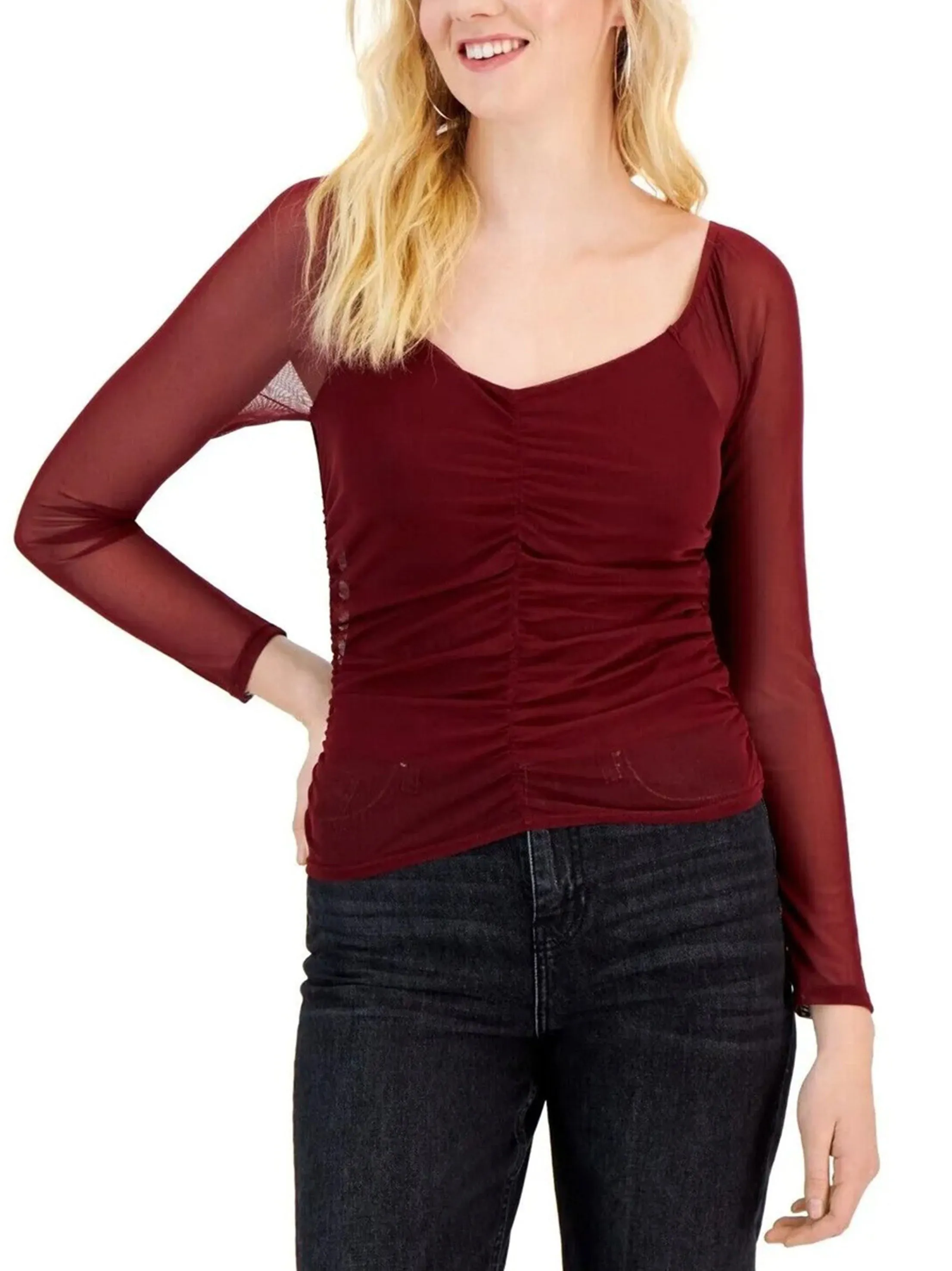 Women's Plain Solid Mesh Sleeve Top,Burgundy