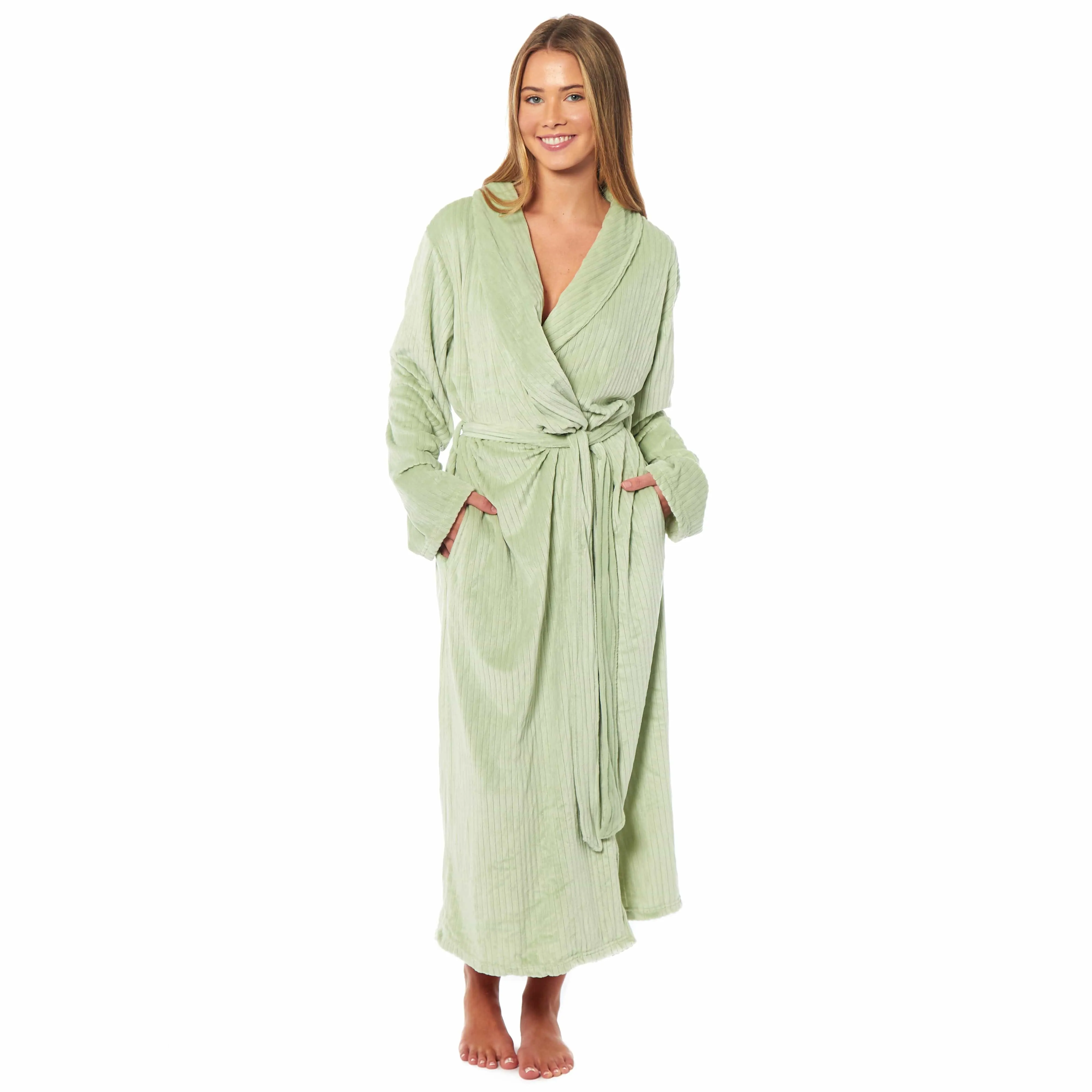 Women's Stripe Jacquard Soft Warm Long Dressing Gown with Belt and Pockets Cosy Shawl Collar Loungewear Robe By Daisy Dreamer