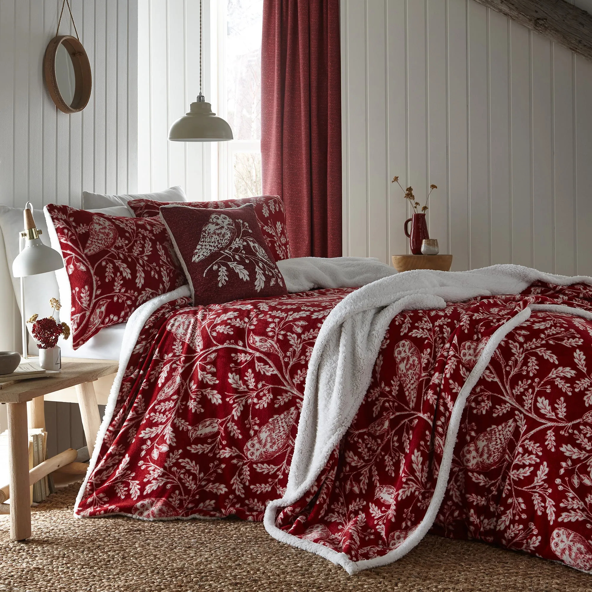 Woodland Owls Bedspread by Dreams & Drapes Lodge in Red 150cm x 200cm