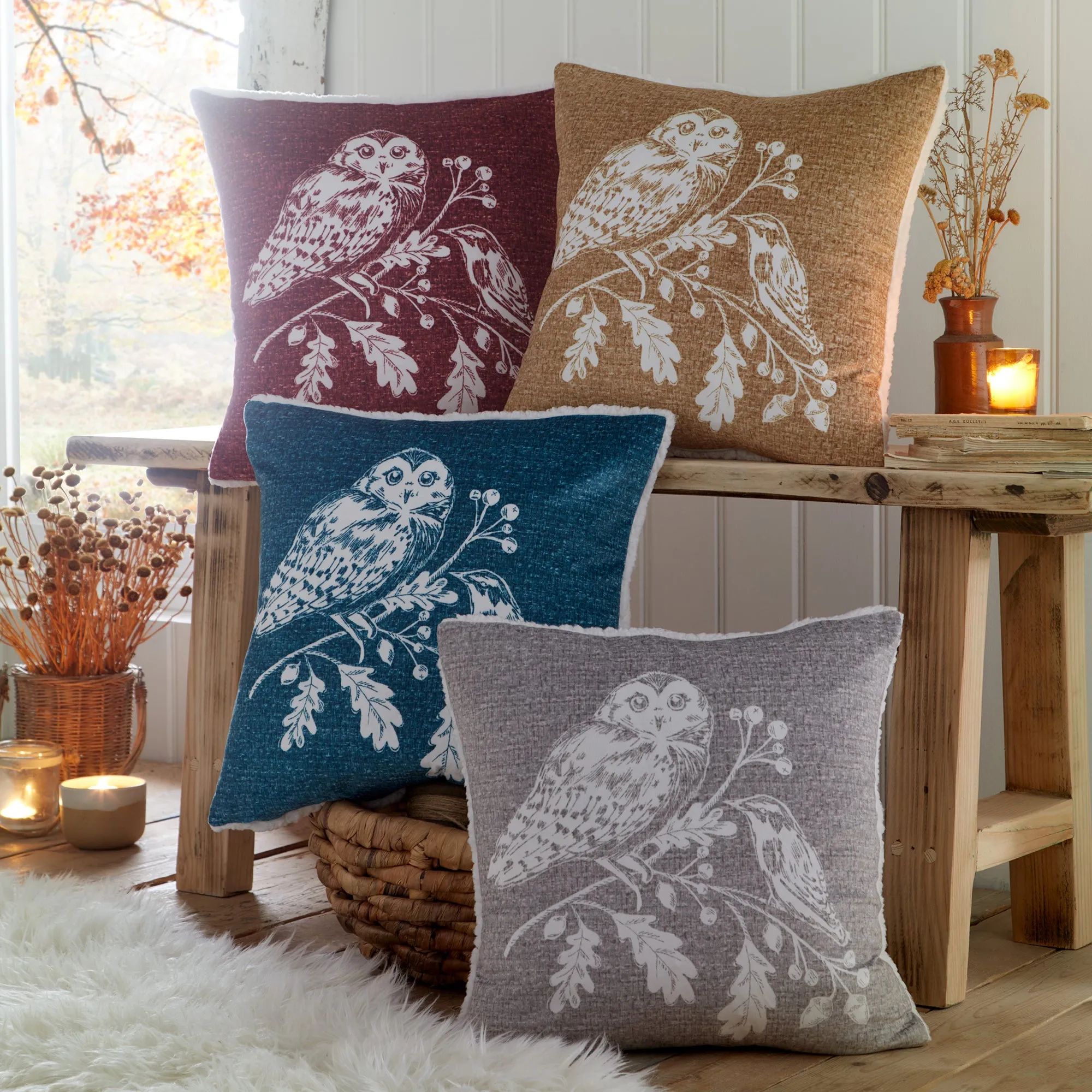 Woodland Owls Cushion by Dreams & Drapes Lodge in Ochre 43 x 43cm