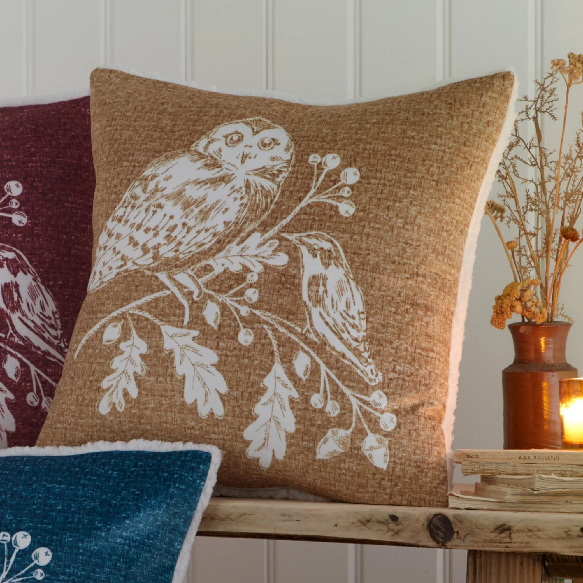 Woodland Owls Cushion by Dreams & Drapes Lodge in Ochre 43 x 43cm