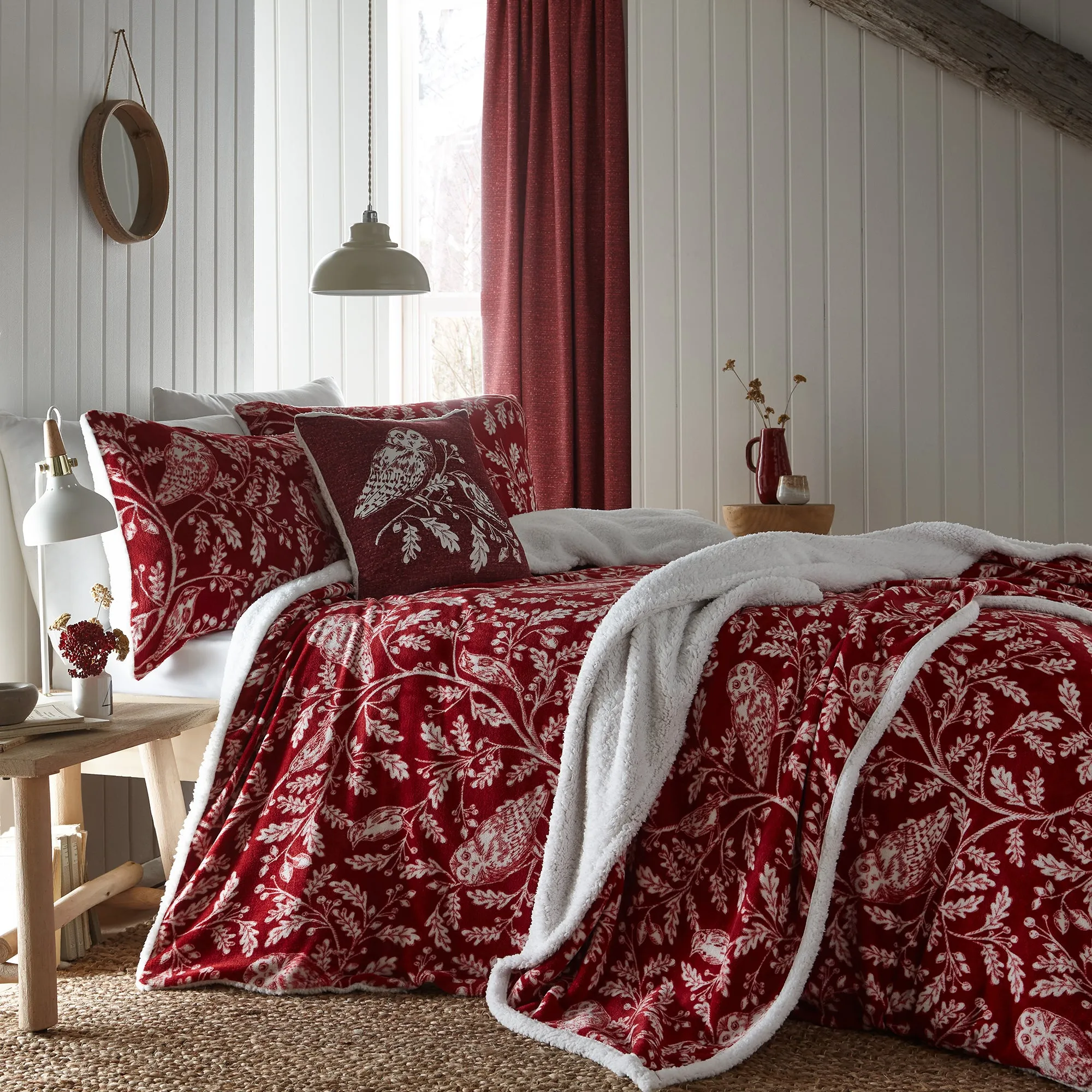 Woodland Owls Duvet Cover Set by Dreams & Drapes Lodge in Red